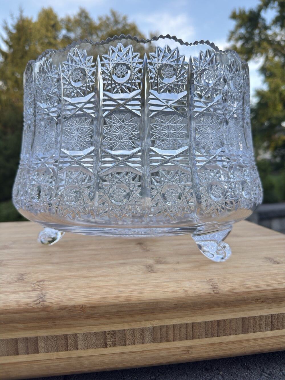 1910s American Brilliant Cut Glass Heavy Footed Rose Bowl Centerpiece Vase 11.5”